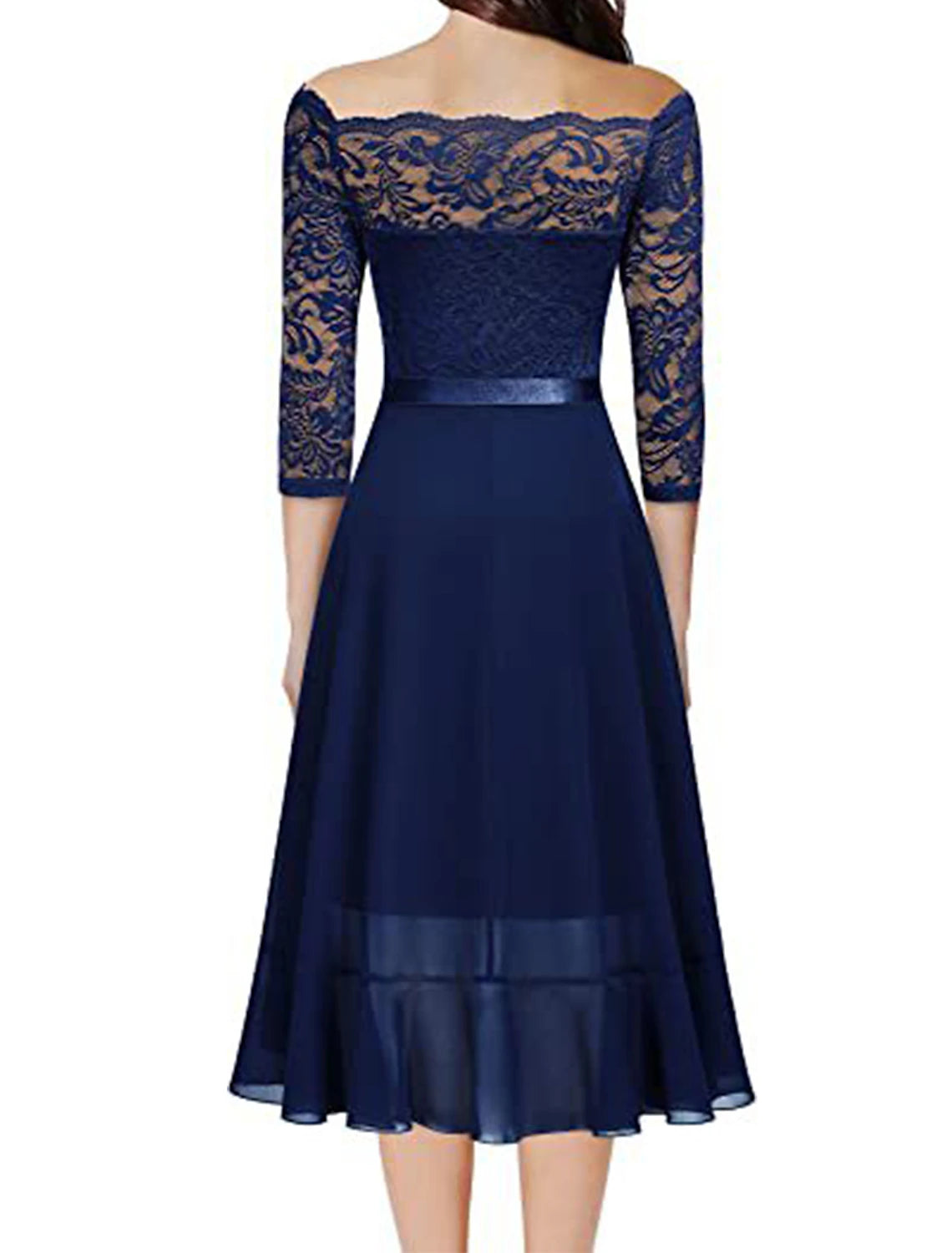 Close-up of the dark blue Weitese lace midi dress, highlighting the fabric and half-sleeve detail.