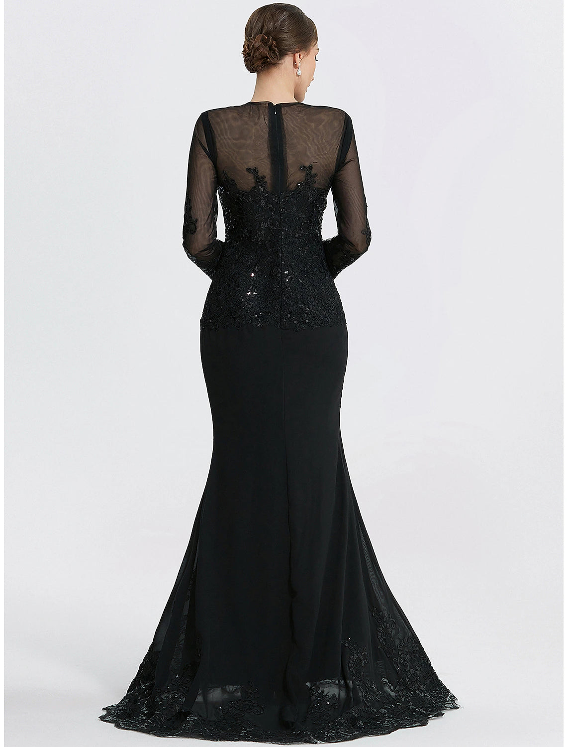 Side profile of the Weitese mermaid evening gown, showcasing its silhouette and long sleeves.