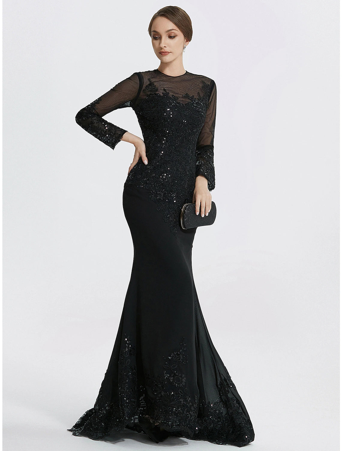 Close-up of the jewel neckline and delicate lace details on the Weitese evening dress.