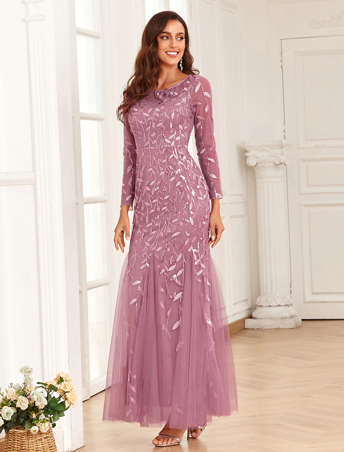Back view of the Weitese long sleeve jewel neck mermaid evening gown.