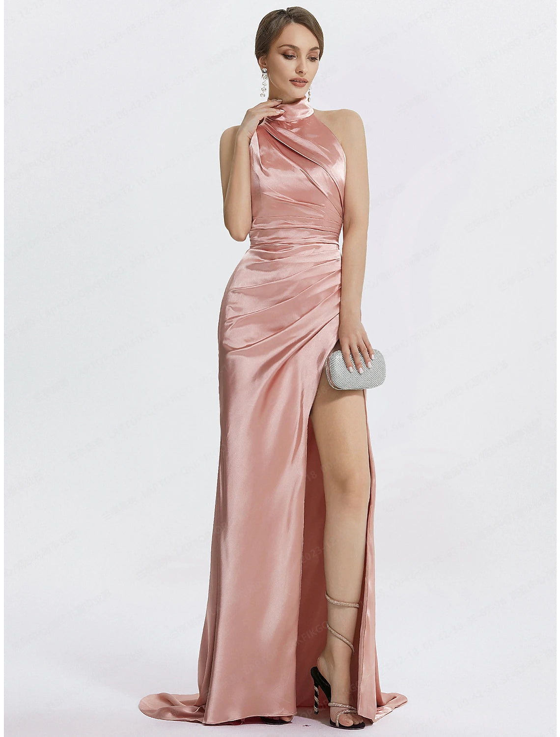 Weitese black mermaid prom dress with halter neck and ruched details.