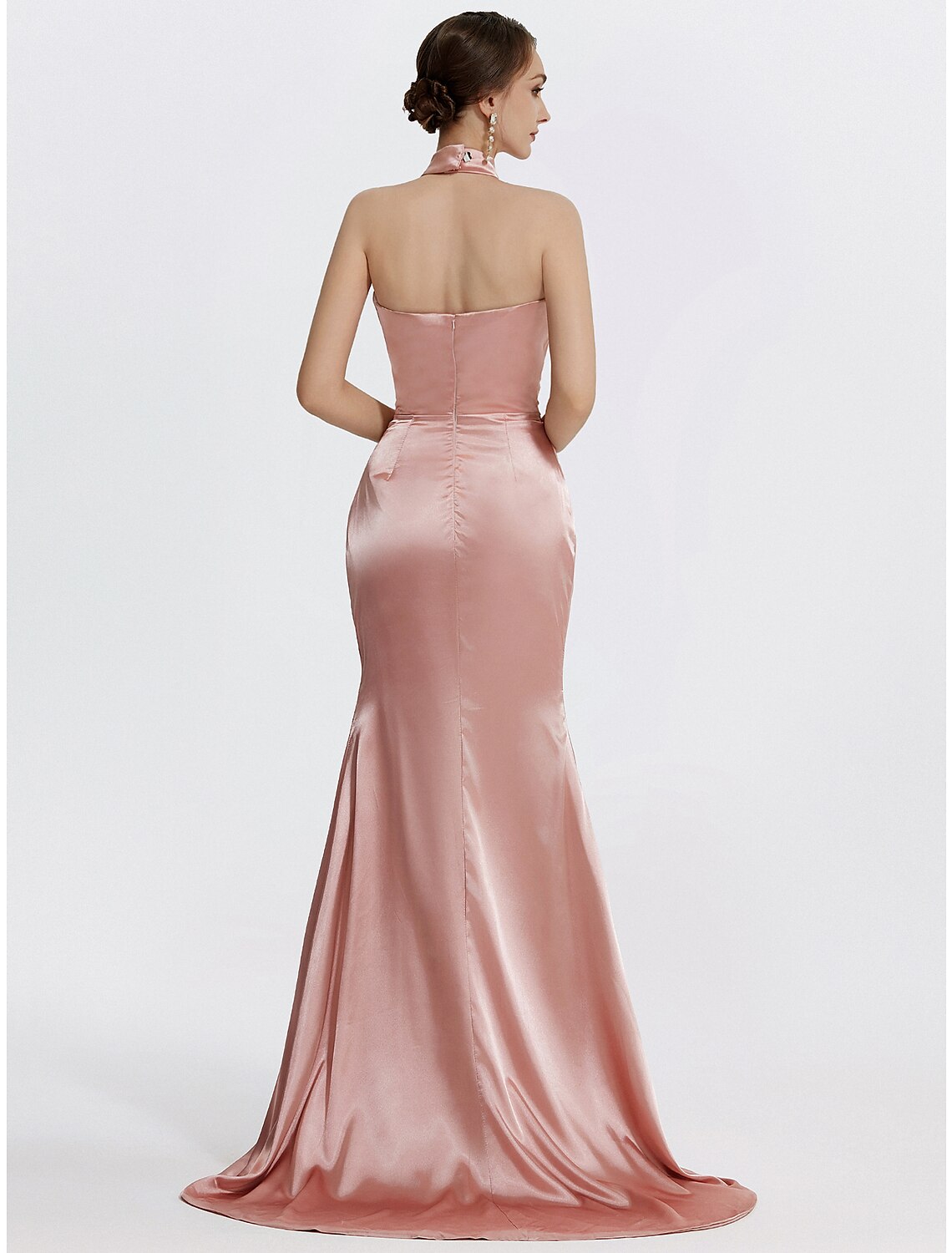 Back view of Weitese black satin evening gown.
