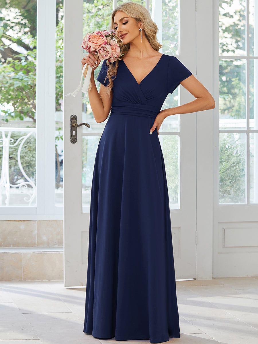 Weitese A-Line bridesmaid dress with pleated empire waist in navy blue.