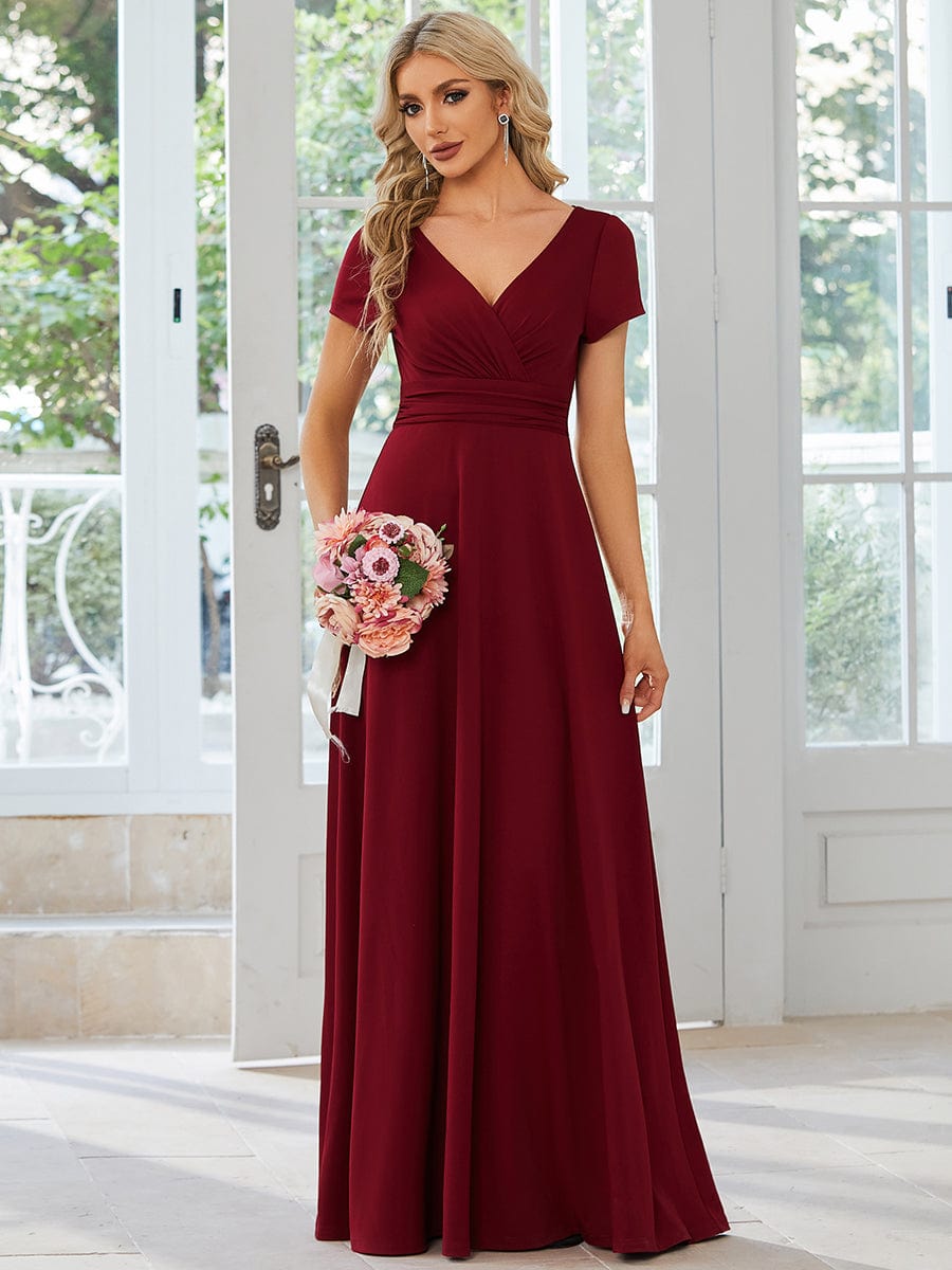 Weitese A-Line bridesmaid dress with pleated empire waist in burgundy.