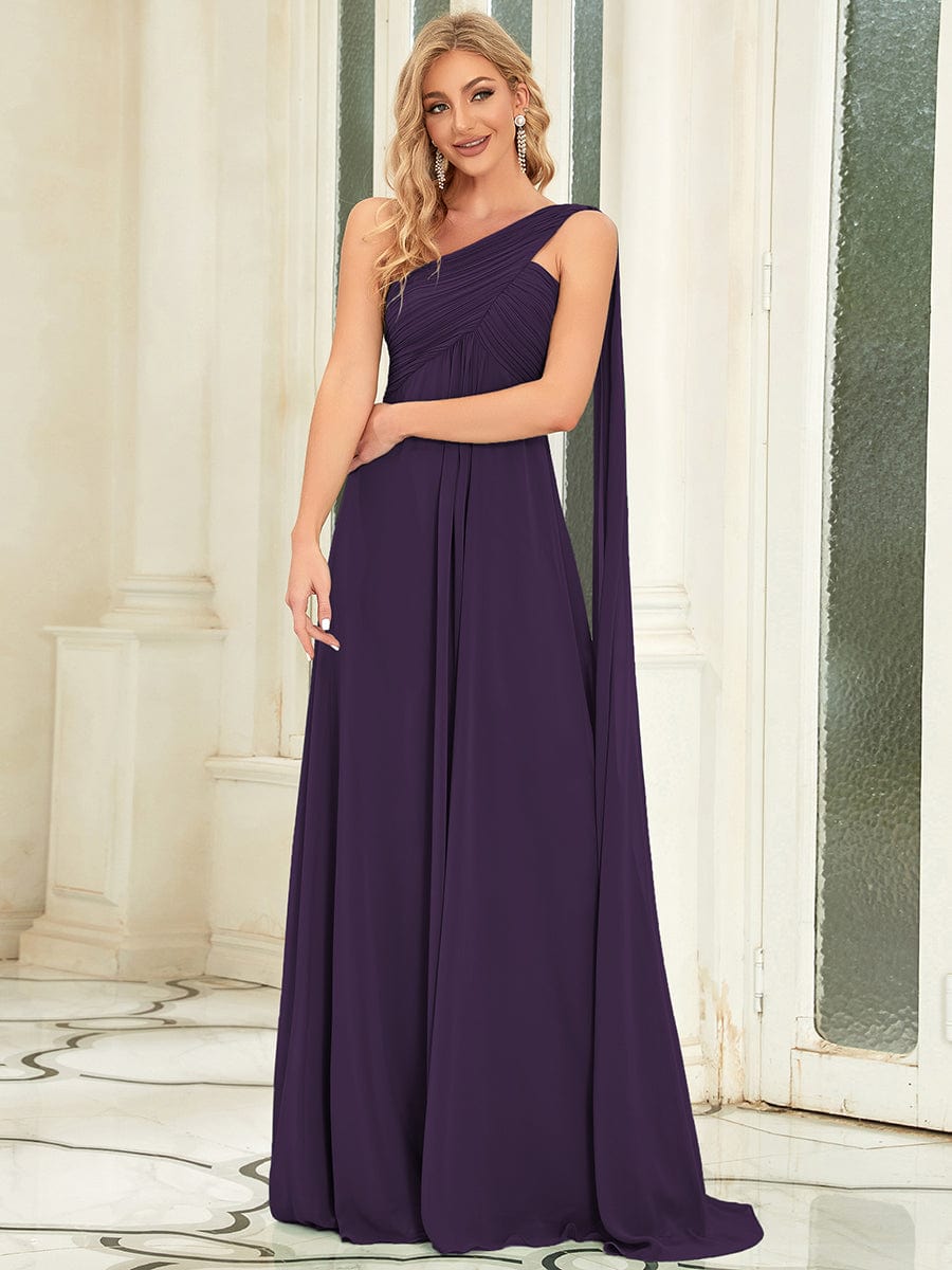 Model wearing a purple Weitese pleated one-shoulder long chiffon evening dress.