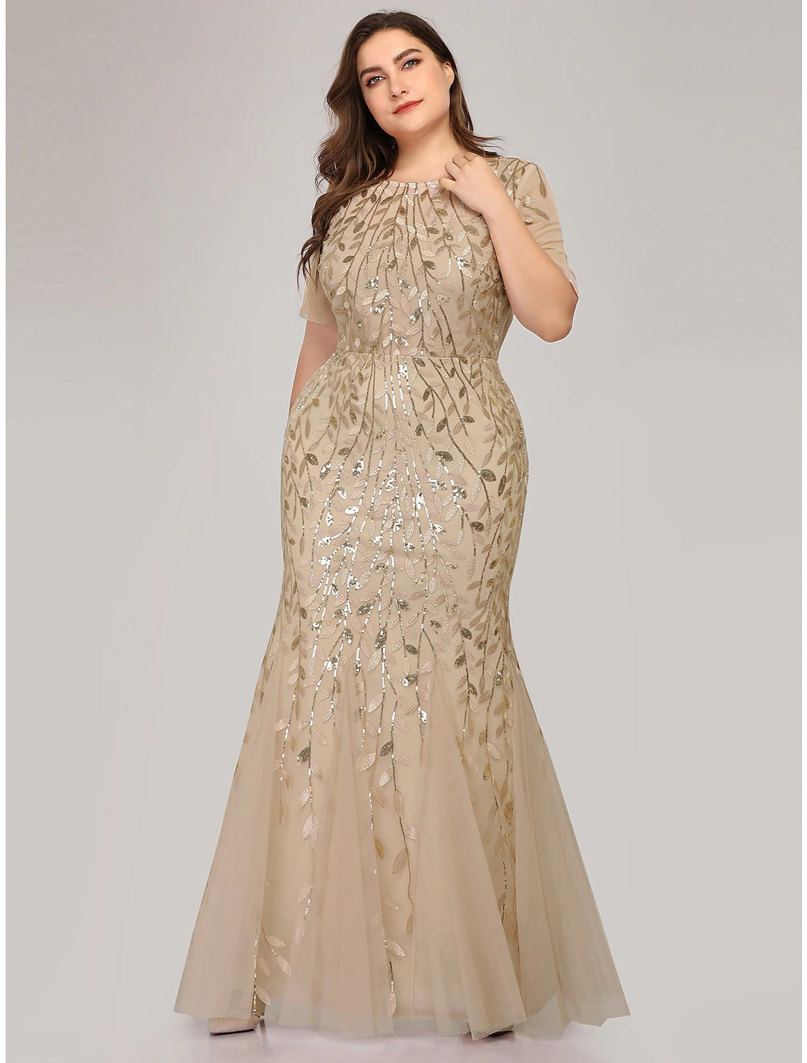 Close-up of the jewel neck and sequin appliques on the Weitese gown.