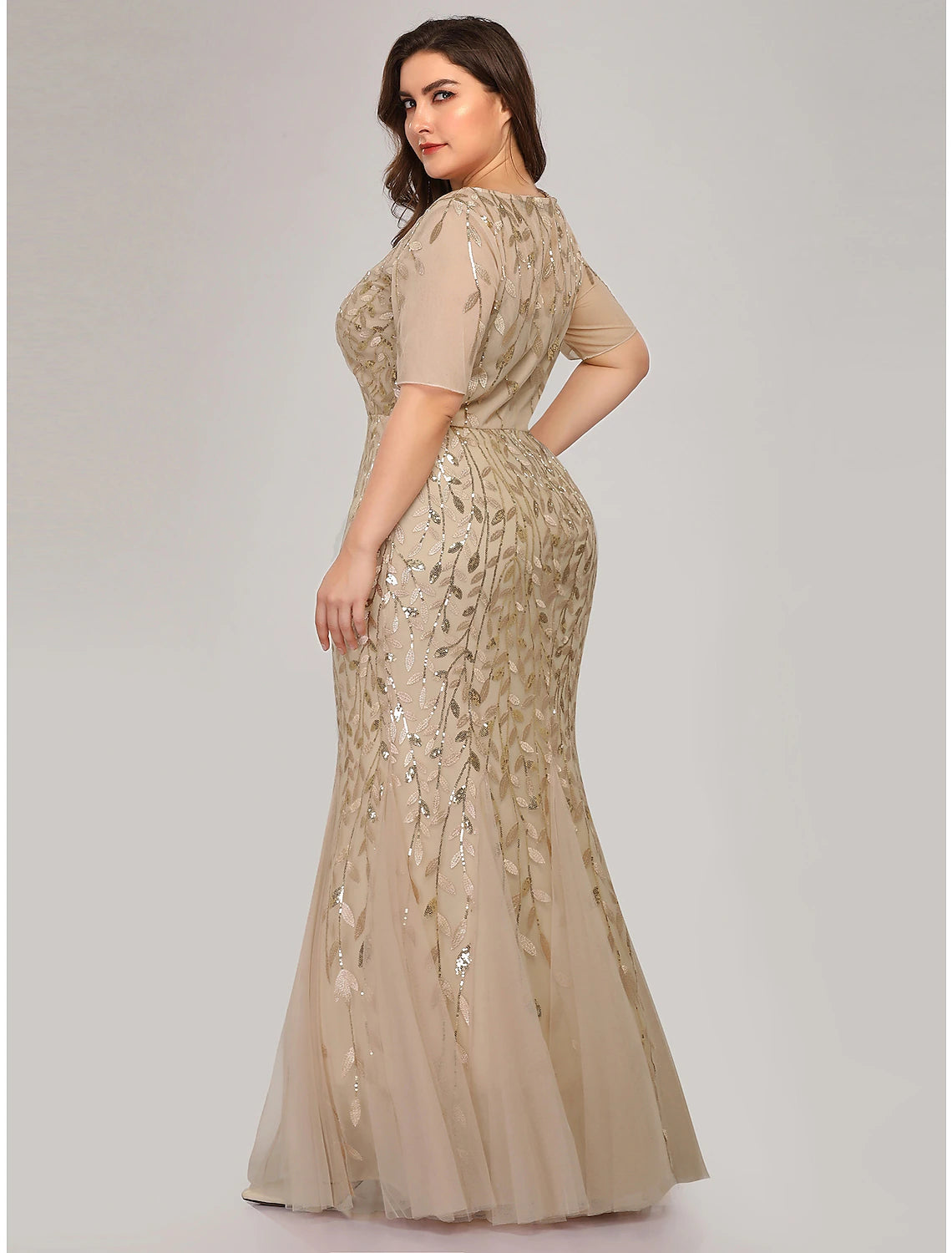 Full length view of the Weitese Plus Size Formal Dress with short sleeves.