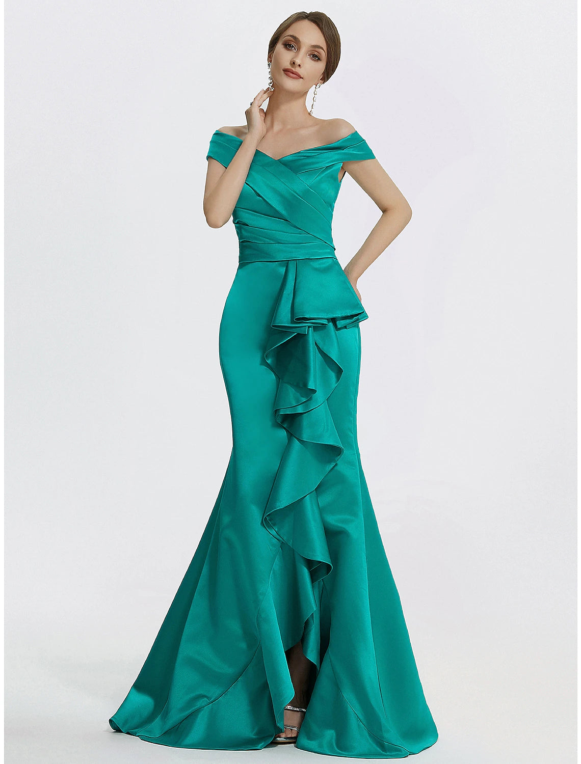 Full length view of the satin evening gown with ruffles.