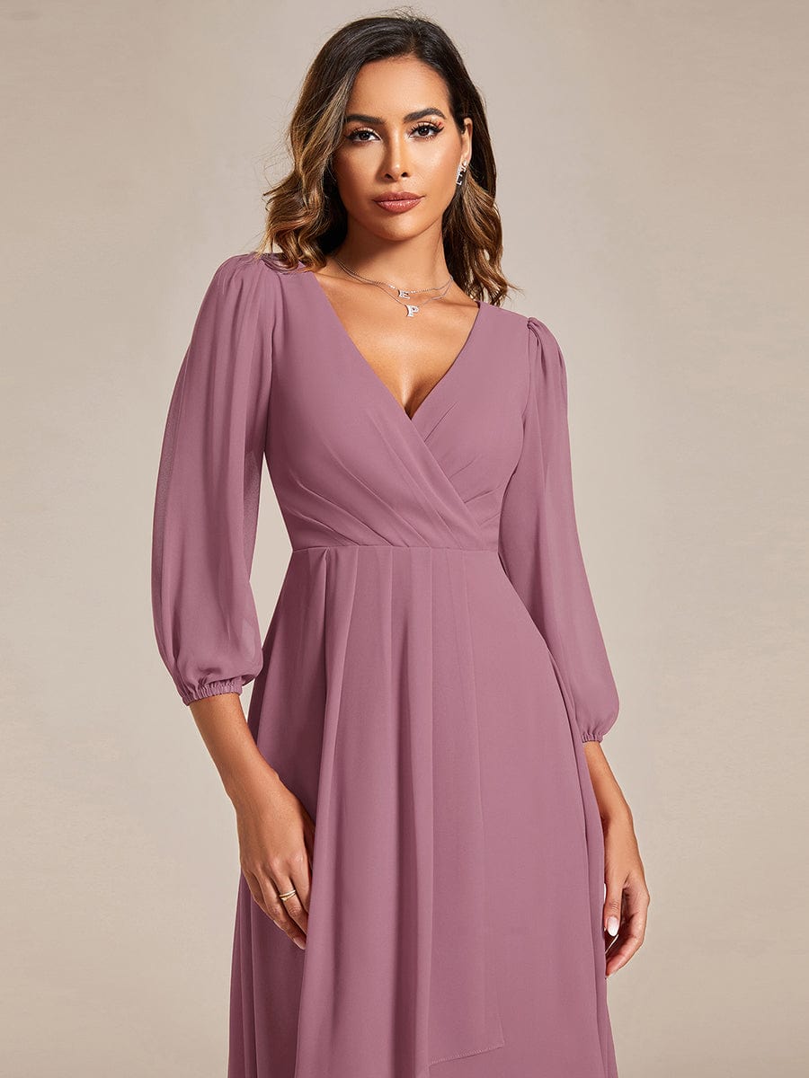 Back view of the olive green Weitese A-line chiffon wedding guest dress.