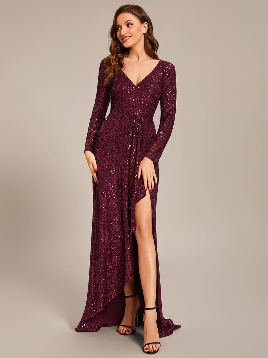 Weitese sequin long sleeve V-neck asymmetrical hem evening dress in red.