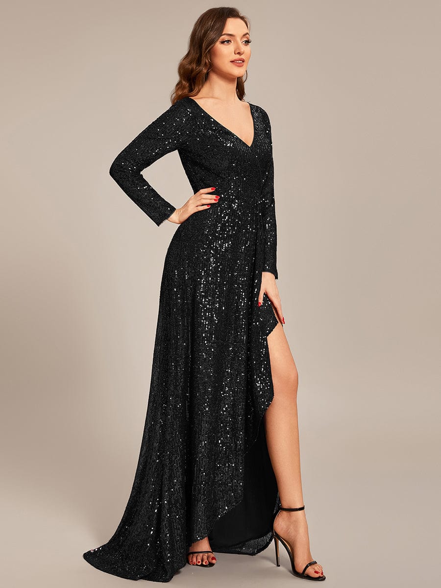 Weitese sequin long sleeve V-neck asymmetrical hem evening dress in black.