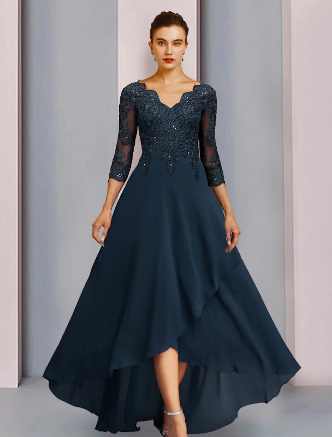Elegant V-neck 3/4 sleeve sequin lace sheath column gown.