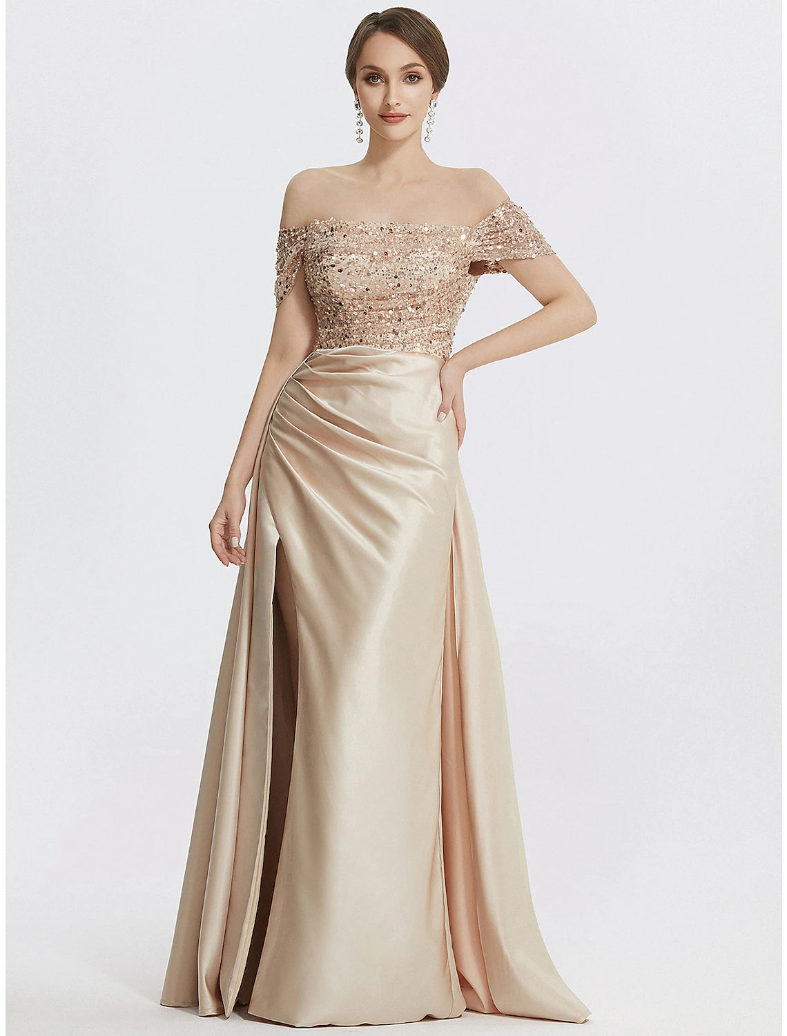 Woman wearing a Weitese elegant off-shoulder sequined floor-length evening gown.