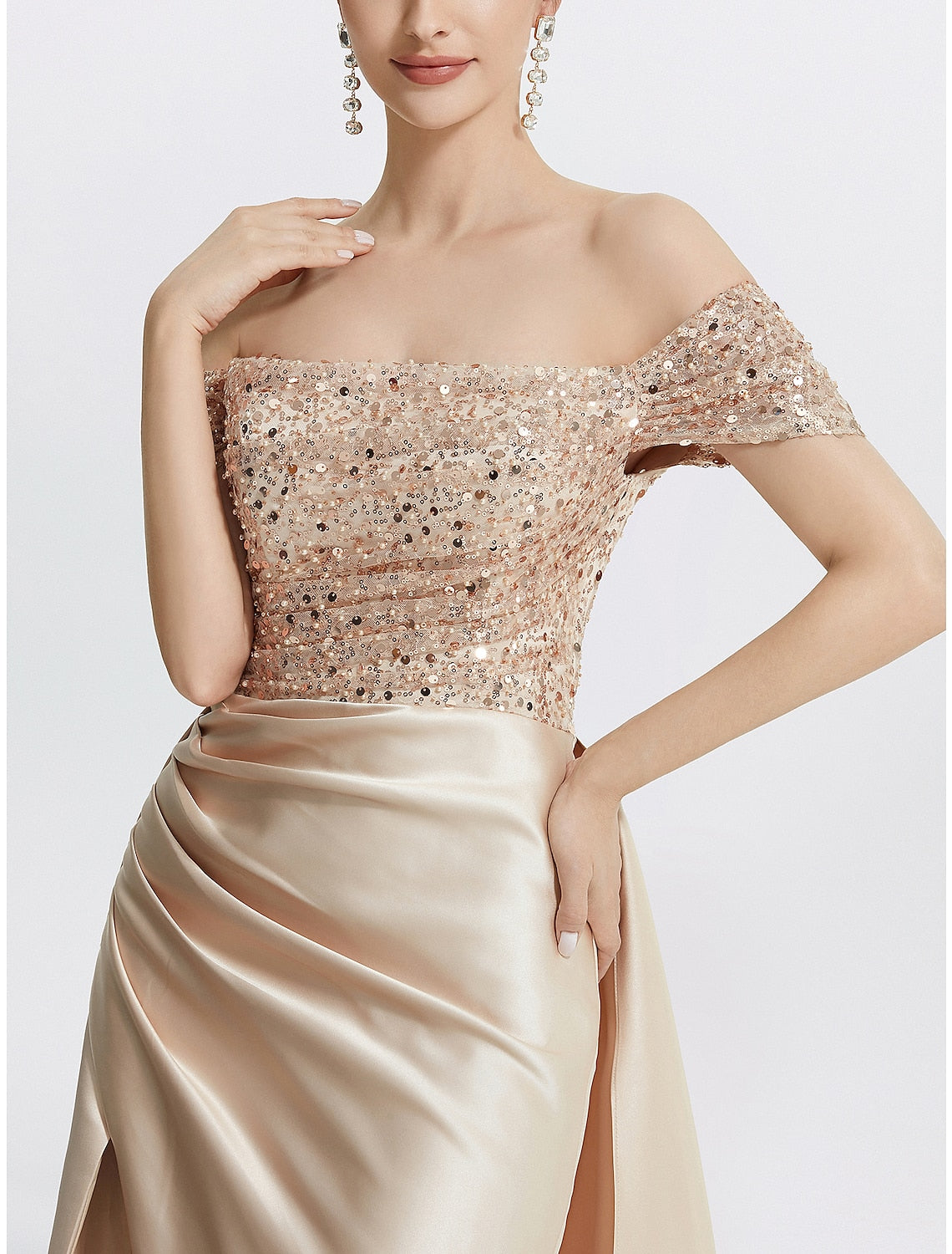 Back view of the Weitese elegant off-shoulder formal dress.