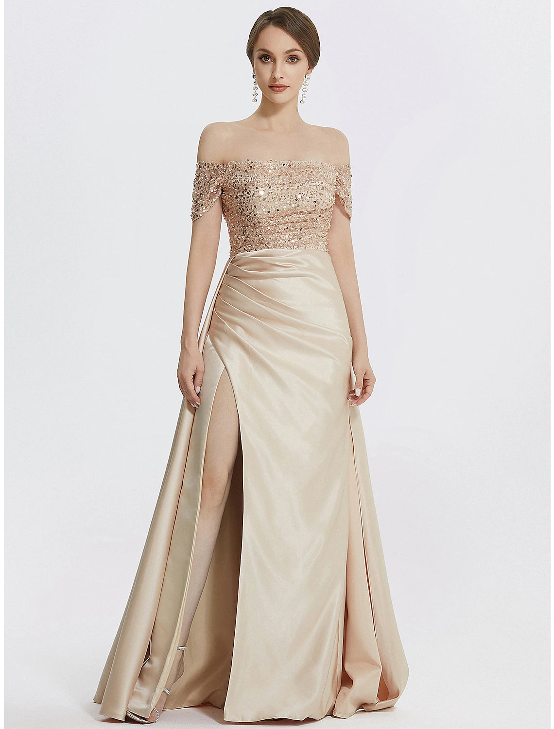 Close-up of the shimmering sequins and glitter fabric on the Weitese evening gown.