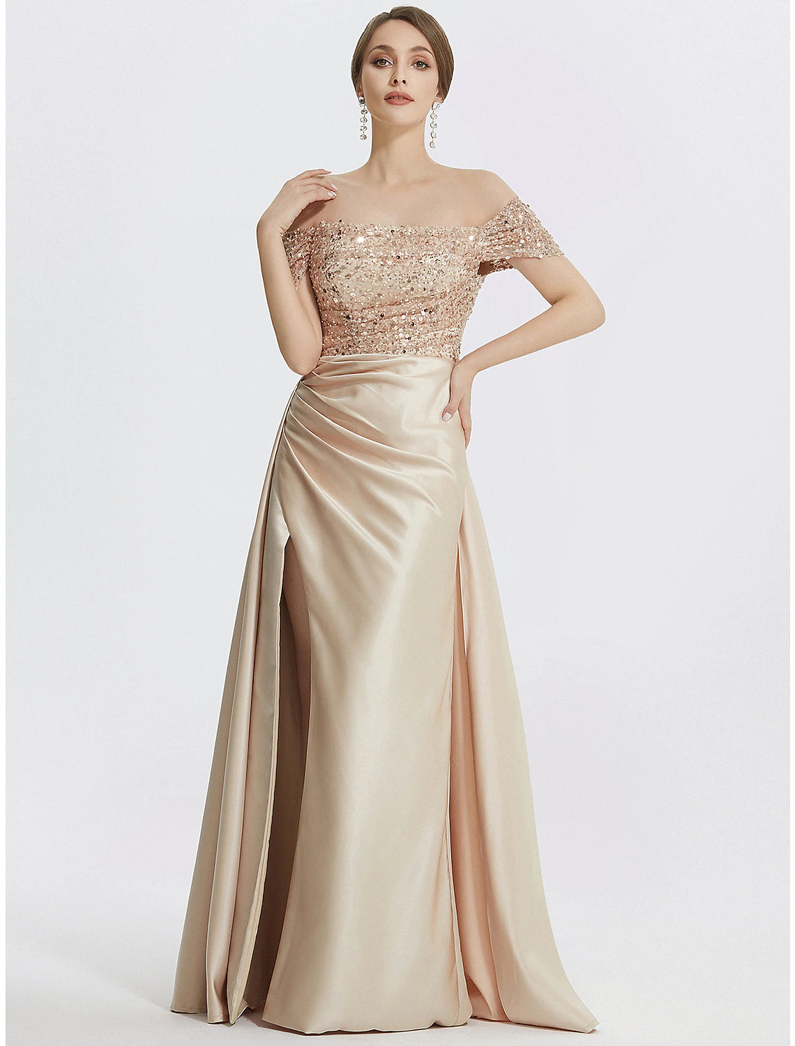 Full view of the Weitese sheath evening gown with short sleeves and off-shoulder design.