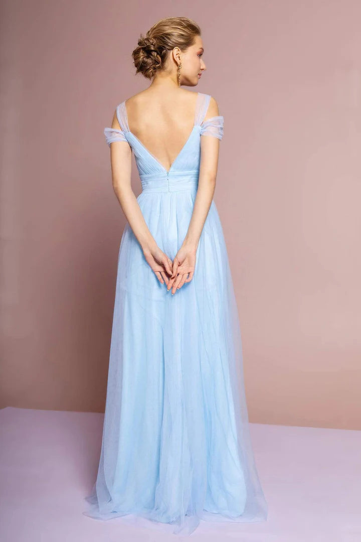 Side view of the Weitese A-line tulle gown, showcasing the flowing skirt and shoulder strap detail.