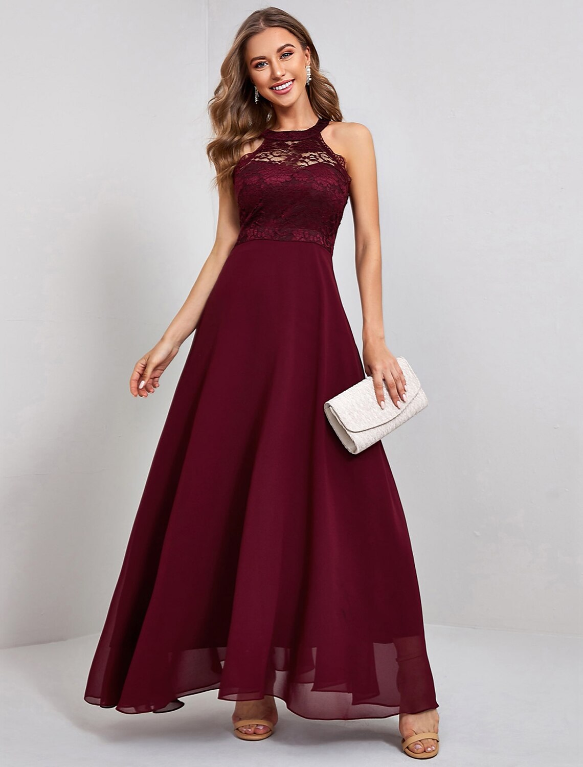 Weitese A-Line formal evening dress with jewel neck and sleeveless design, front view.