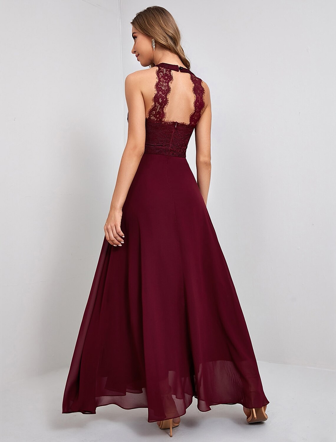 Side view of Weitese A-Line dress, highlighting lace insert and ankle length.