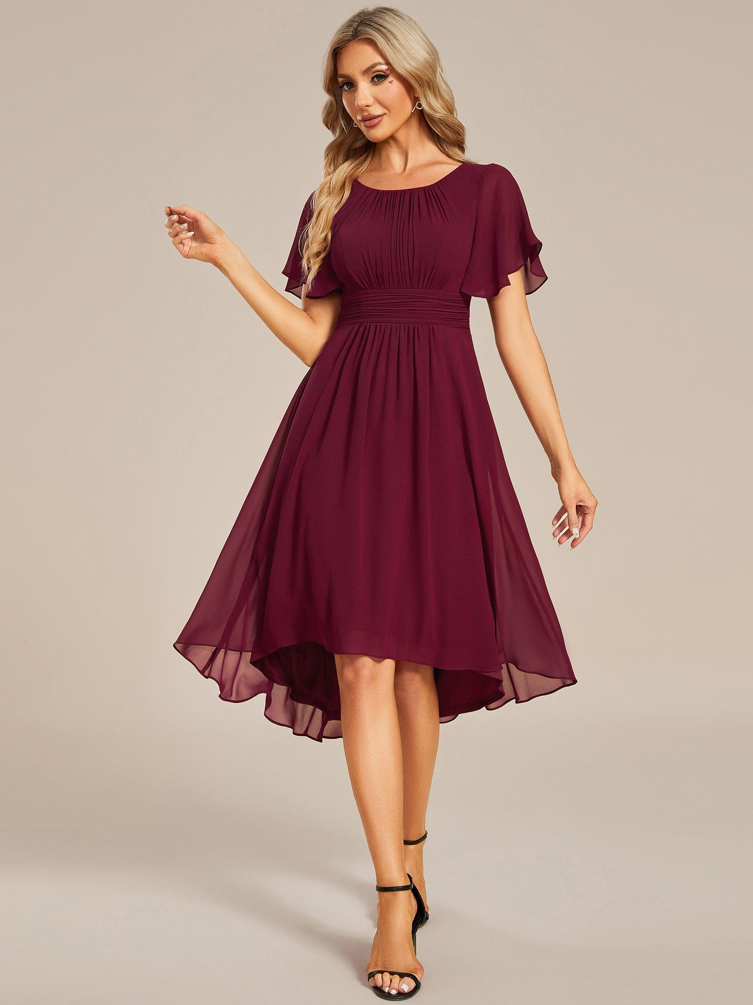 Full-length view of a model in a red Weitese A-line round neck dress.