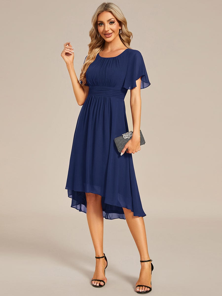 Model wearing a navy blue Weitese flowy chiffon A-line knee-length dress.