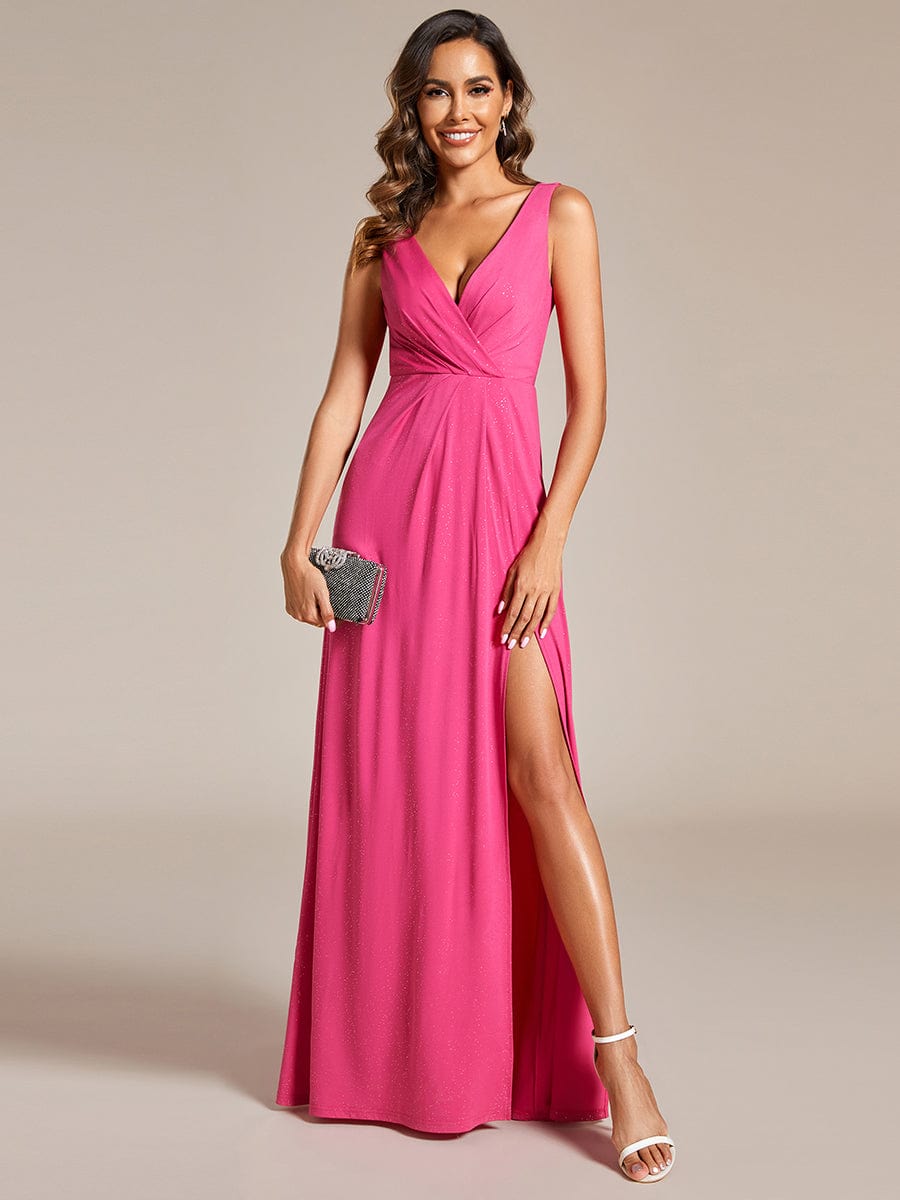 Weitese glittery A-line formal evening gown with double V-neck and side slit, front view.