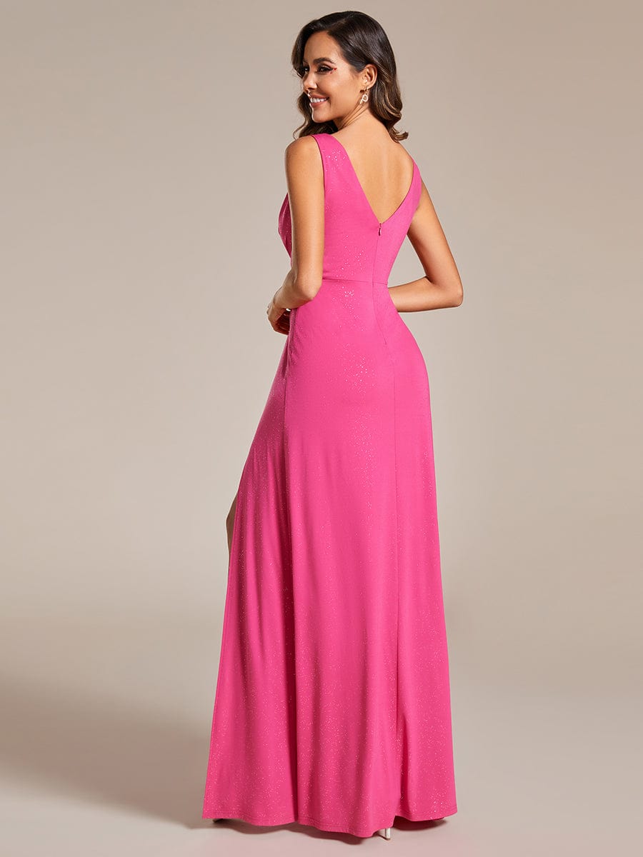 Side view of Weitese glittery A-line formal evening gown.