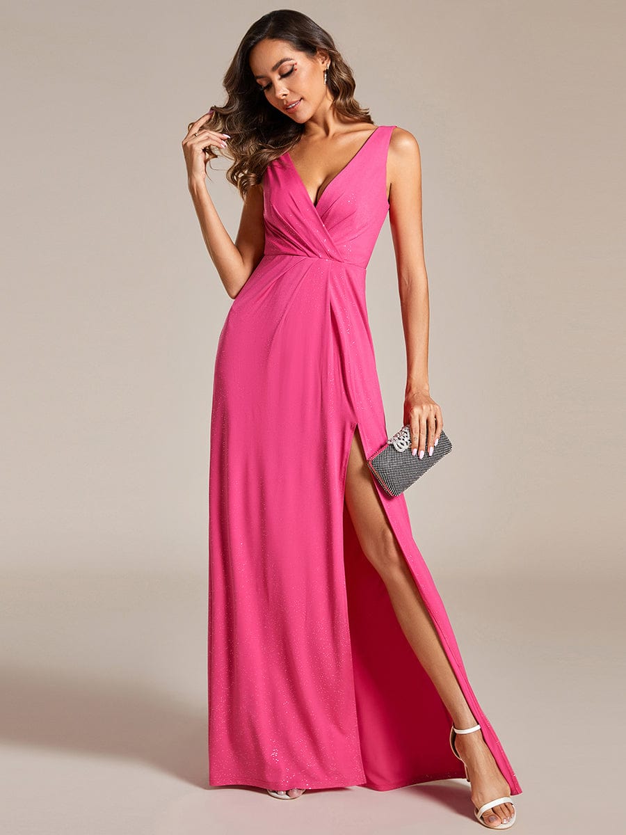 Close-up of the glittery fabric and double V-neckline on the Weitese gown.