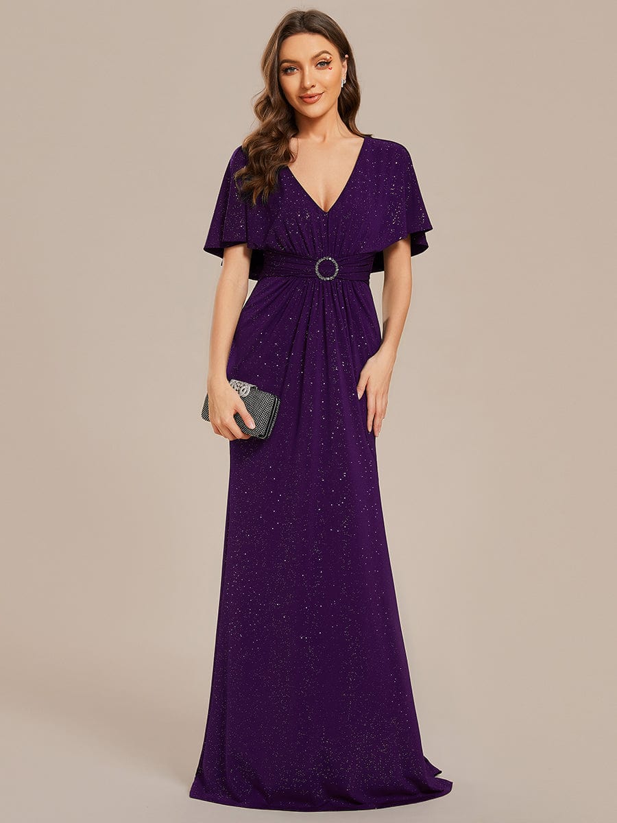 Weitese glittery red V-neck evening dress with bat-wing sleeves, front view.