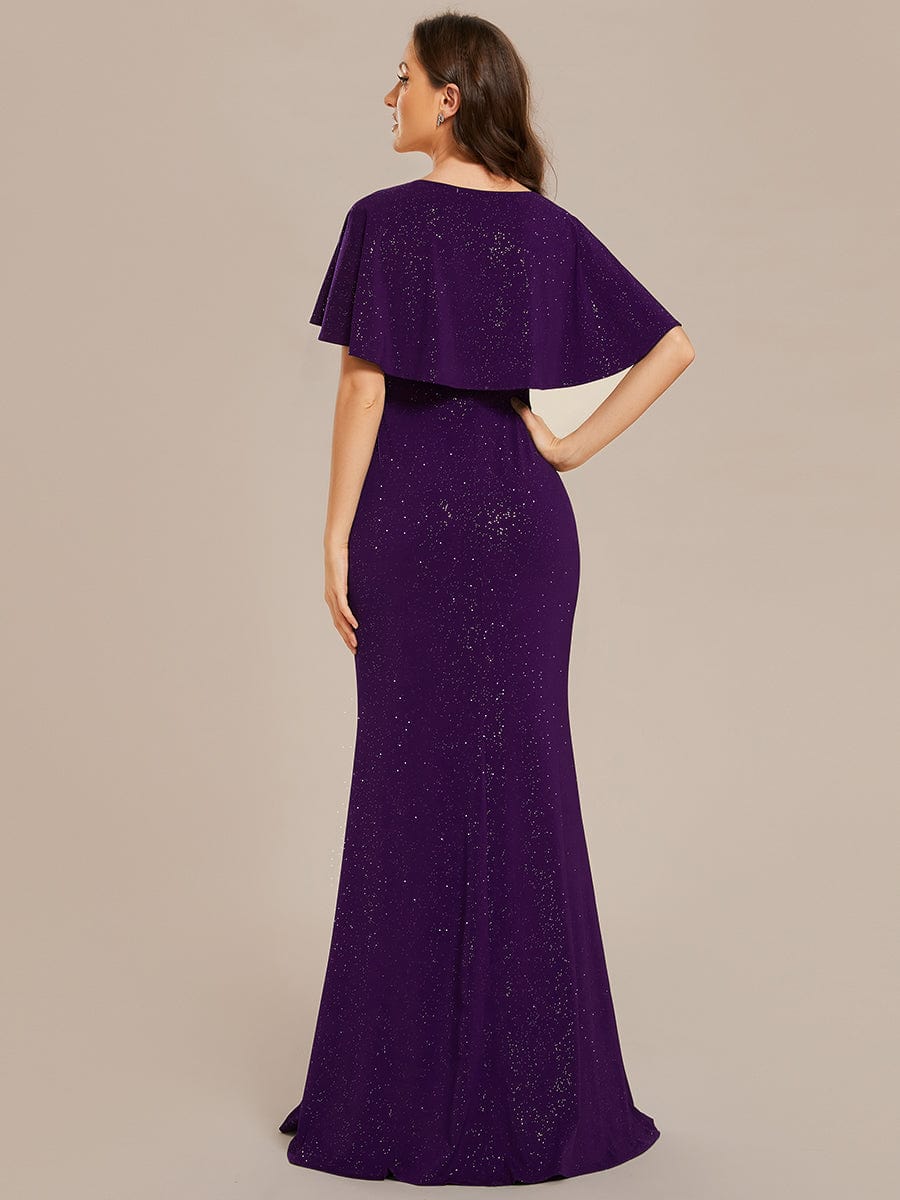 Weitese glittery red V-neck evening dress with bat-wing sleeves, side view.