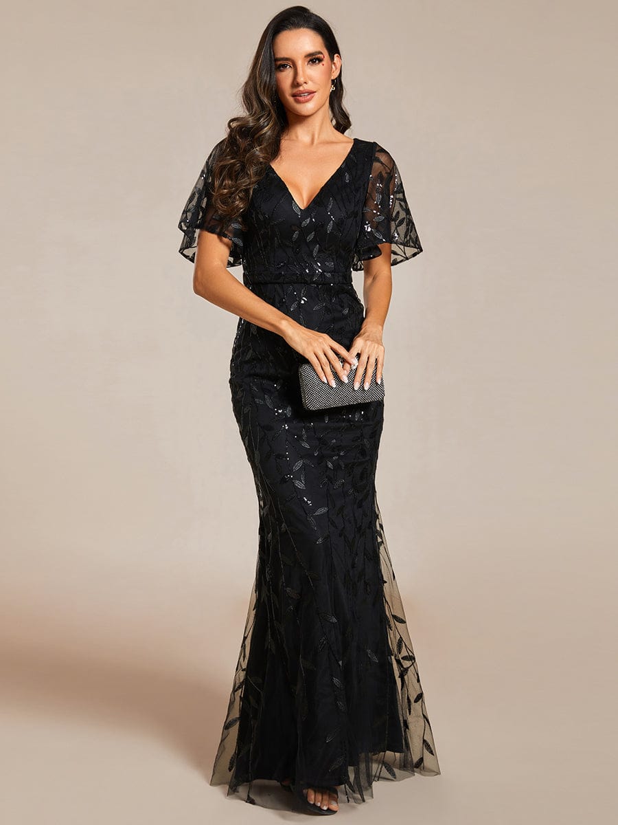 Black leaf-sequined V-neck fishtail gown, back.