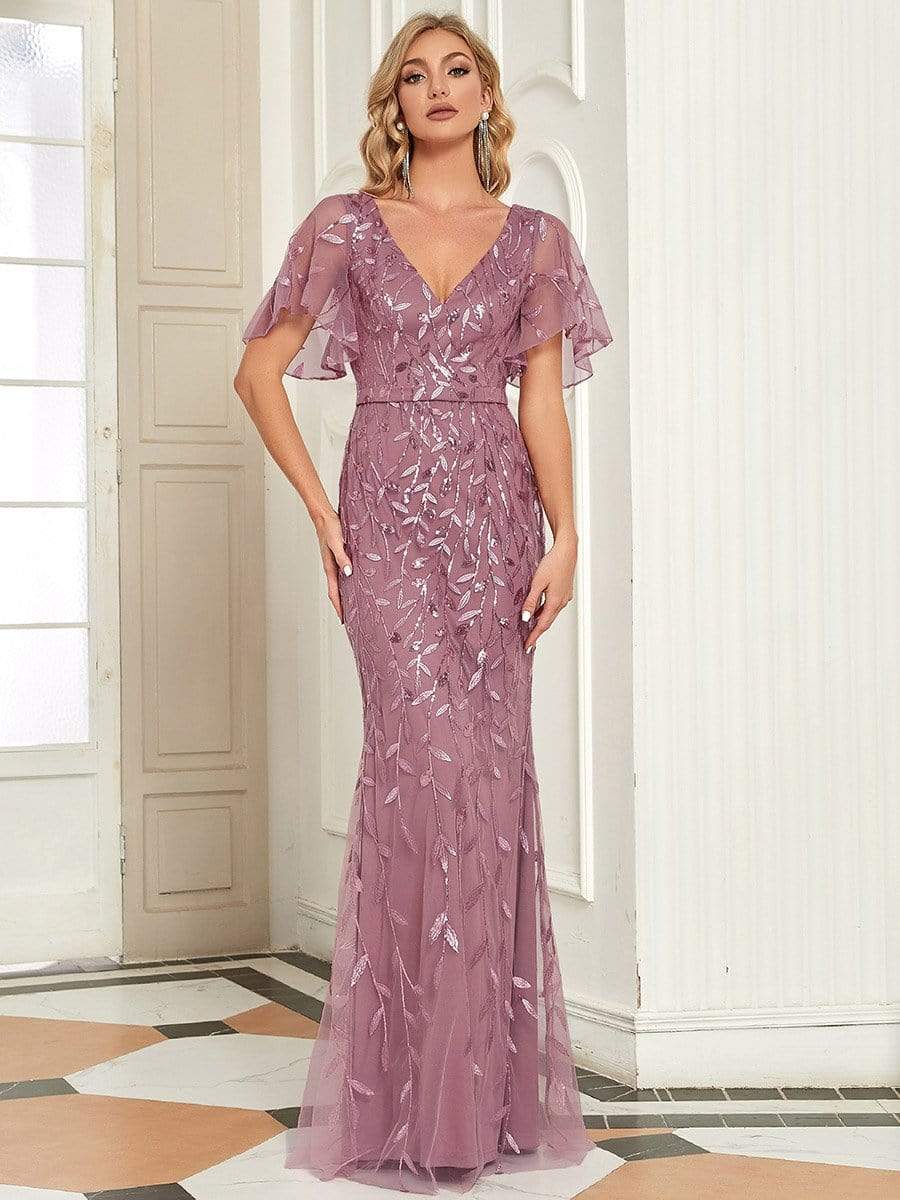 Olive green leaf-sequined V-neck fishtail gown, front.