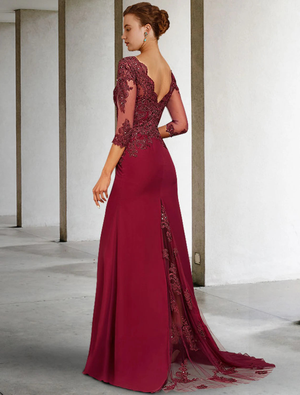 Side view of Weitese Mermaid Mother of the Bride Dress showing court train.