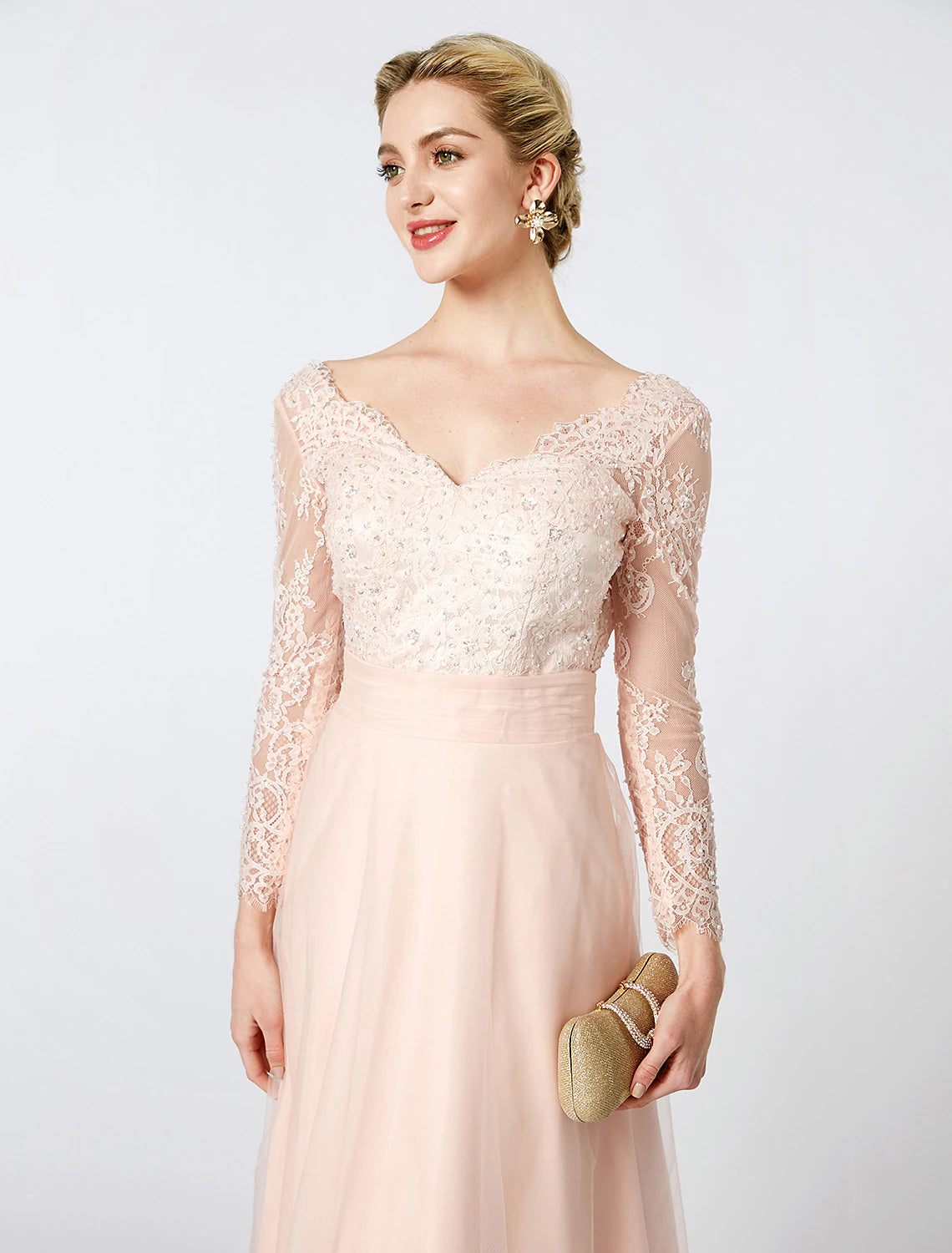 Full length view of the pastel long sleeve ball gown, perfect for formal events.