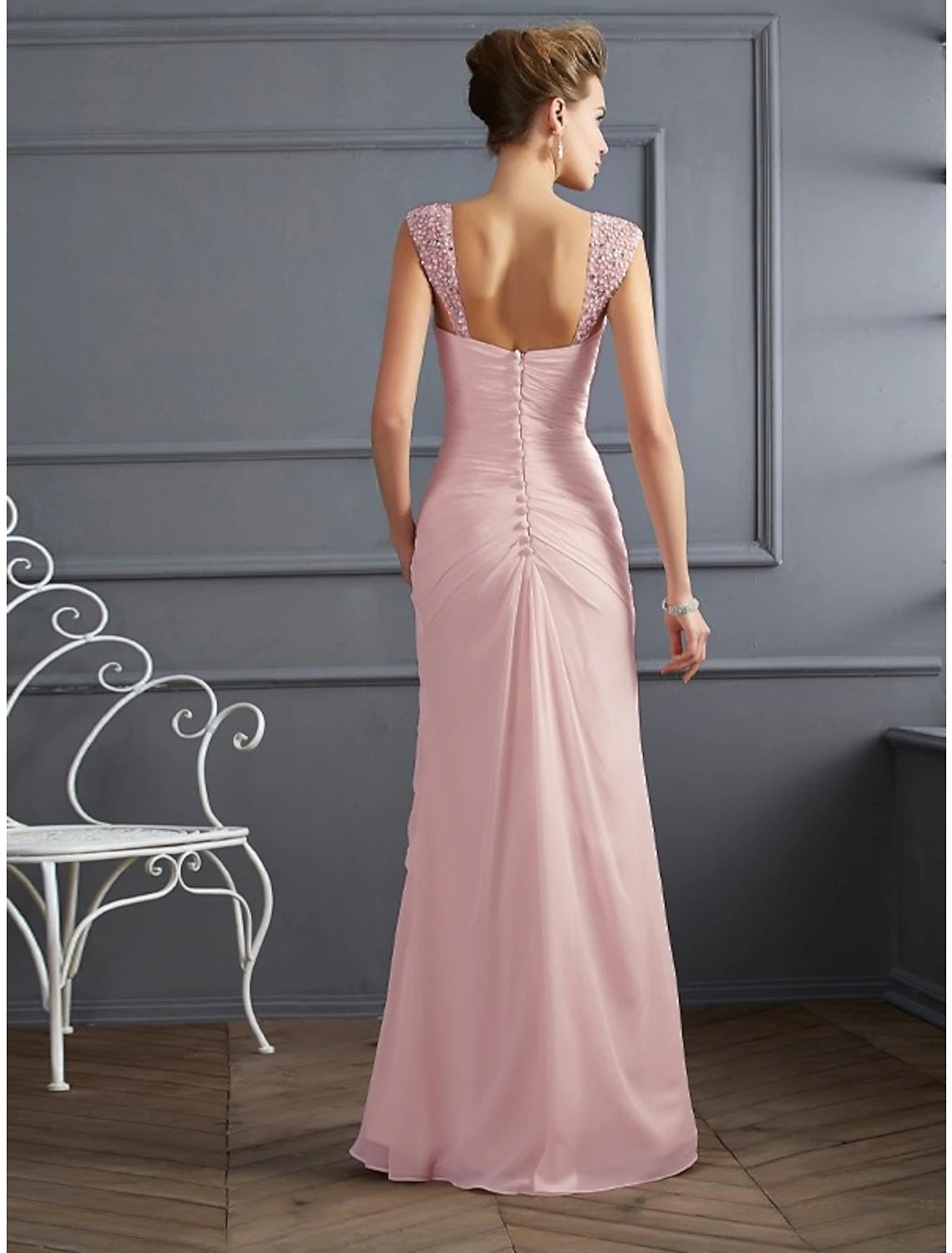 Side view of the Weitese chiffon evening gown, highlighting the mermaid silhouette.