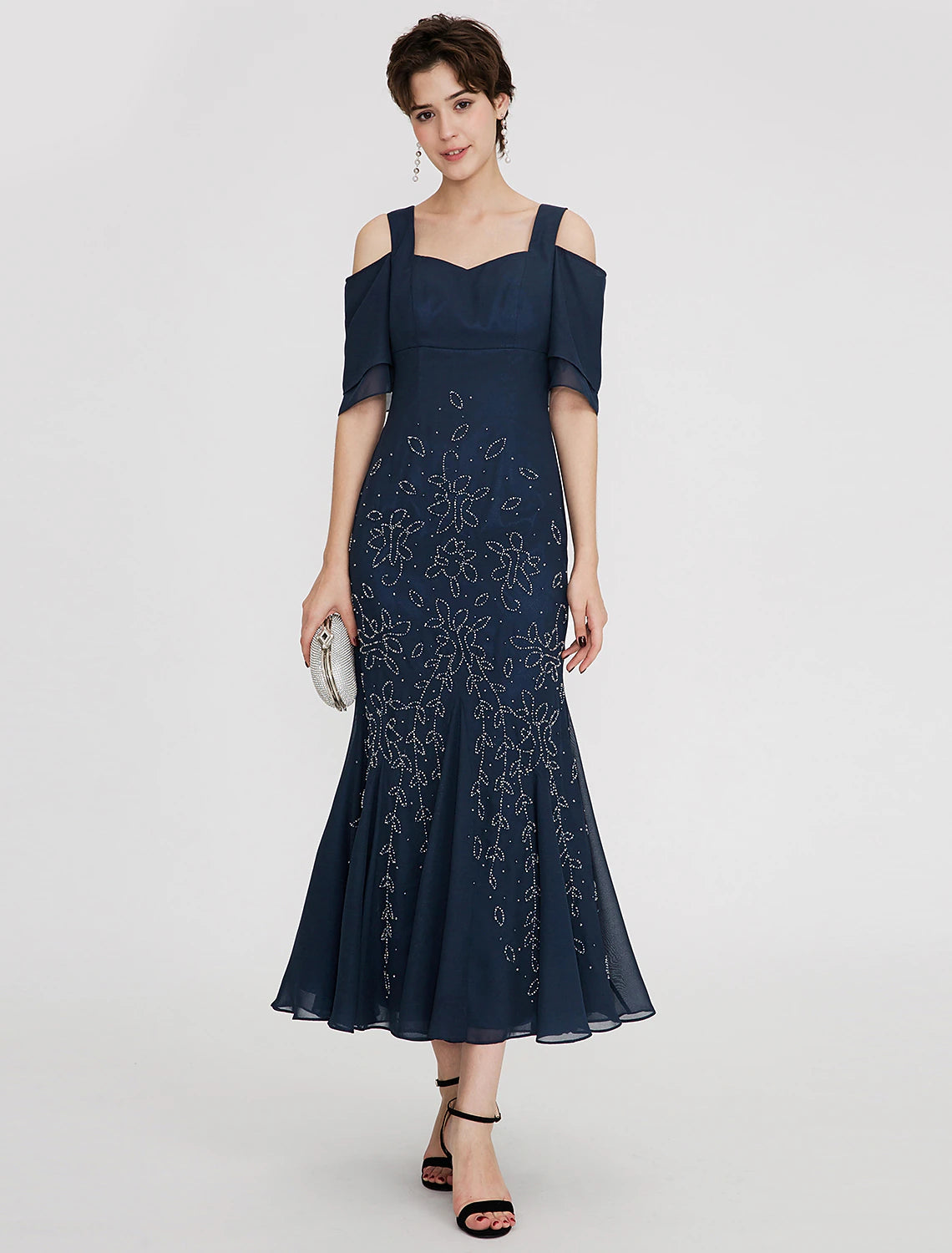 Weitese sparkling mermaid trumpet tea length cocktail dress with pleats and beading.
