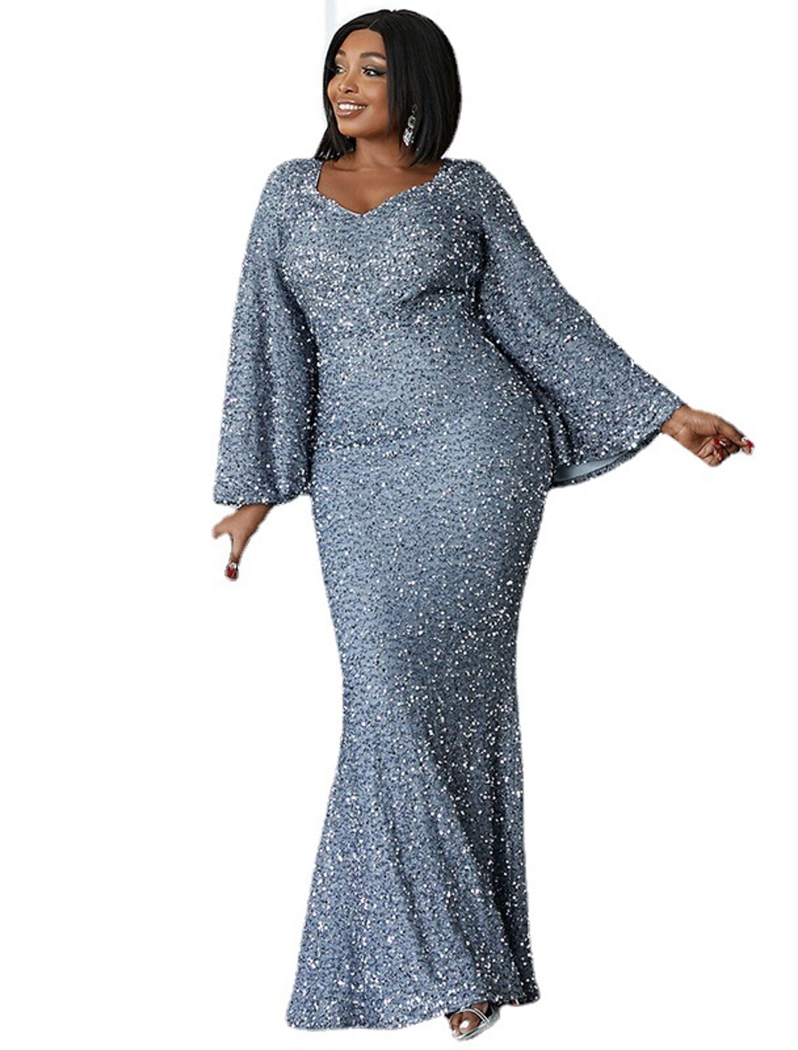 Close-up of the long sleeve and scoop neck on the black sequined formal dress.