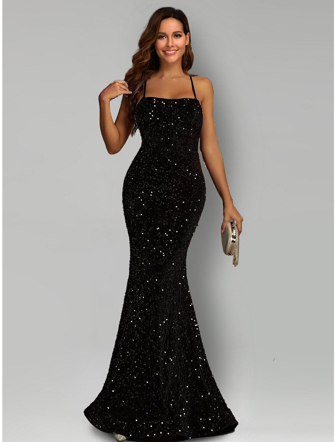 Weitese sparkling sequin mermaid evening gown with halter neck and sweep train.