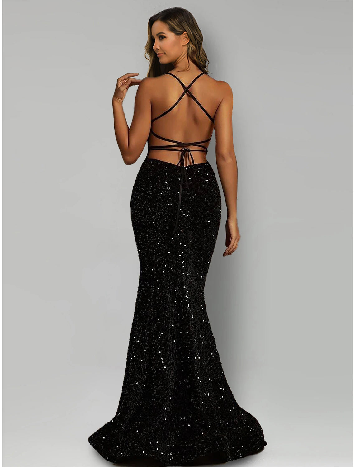 Back view of the Weitese sequin mermaid gown, showcasing the sweep train.