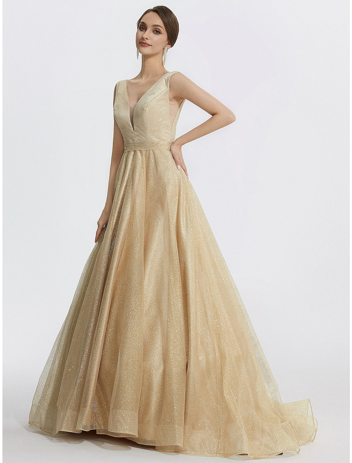 Back view of the elegant sleeveless ball gown with a flowing skirt.