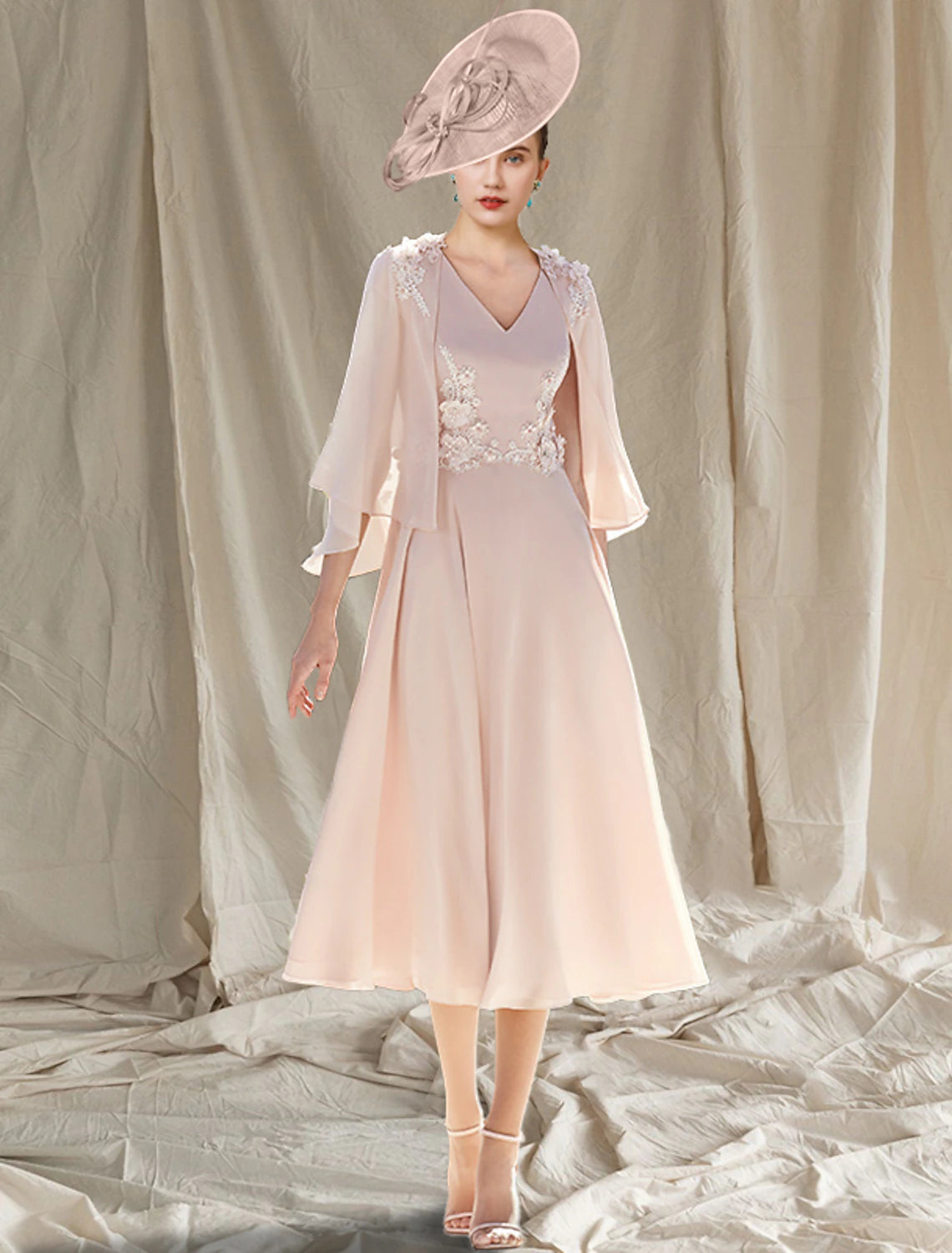 Full view of the Weitese two-piece A-line V-neck chiffon tea-length dress with appliques and wrap.