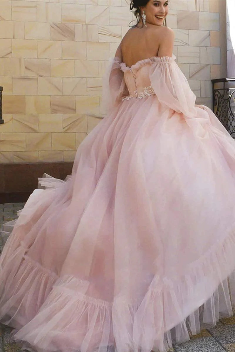 Robe de bal trapèze Weitese, épaules dénudées, manches longues bouffantes, en tulle rose, longueur au sol, robes de soirée 