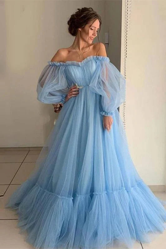 Robe de bal trapèze Weitese, épaules dénudées, manches longues bouffantes, en tulle rose, longueur au sol, robes de soirée 