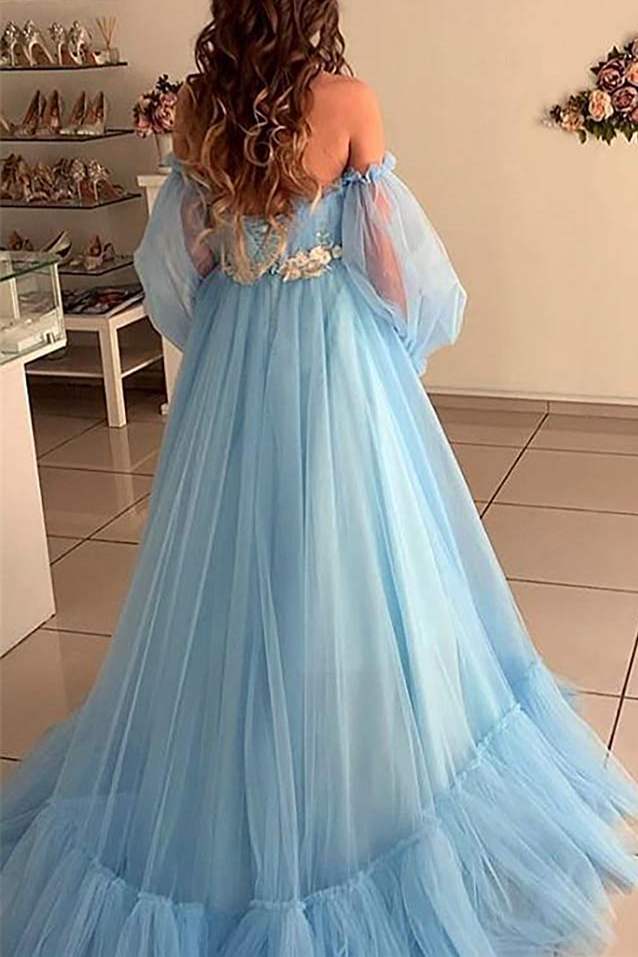 Robe de bal trapèze Weitese, épaules dénudées, manches longues bouffantes, en tulle rose, longueur au sol, robes de soirée 