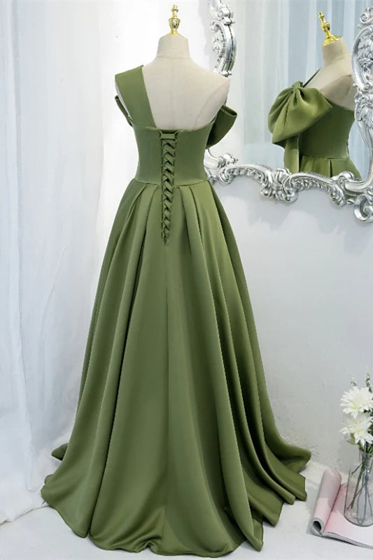 Weitese A-line One Shoulder Green Bow Pleated Long Formal Dress Prom Dress Prom Dresses Stores