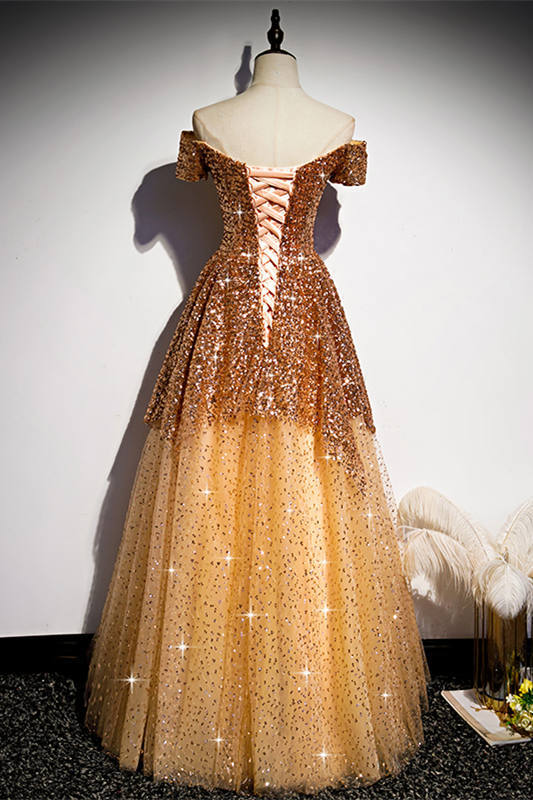 Weitese A-line Sparkling Off the Shoulder Gold Long Prom Dress Floor Length Prom Dress Prom Dresses Stores