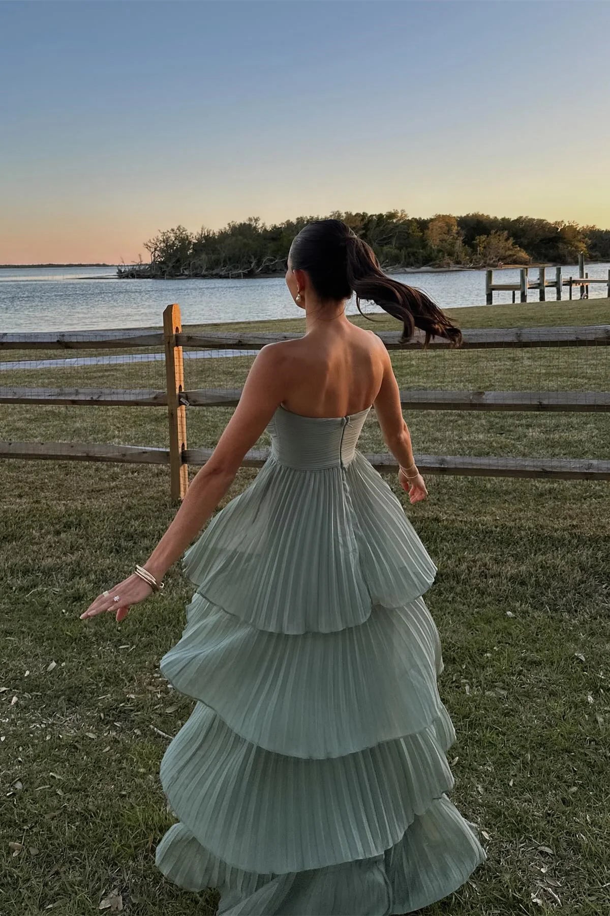 Weitese A-line Strapless Pink Chiffon Pleated Tiered Maxi Dress Floor Length Prom Dress Prom Dresses Stores