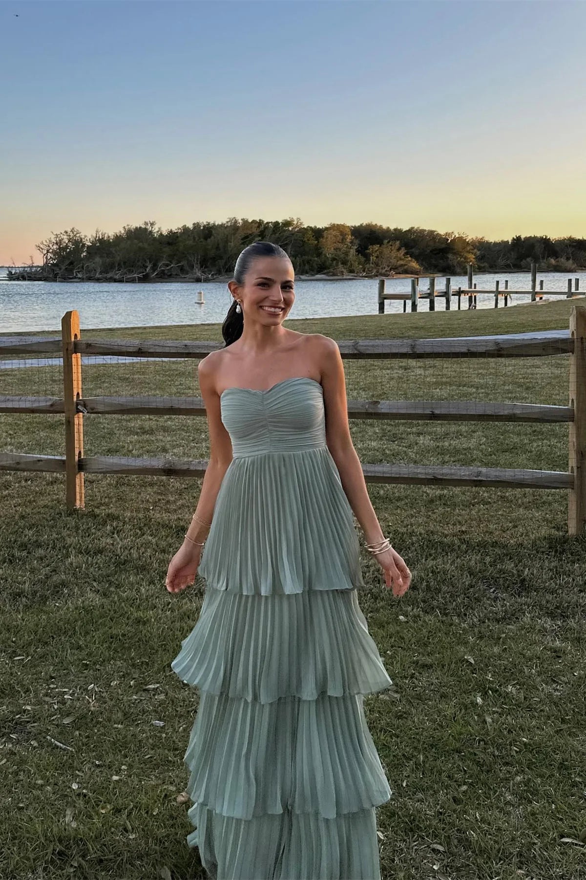 Weitese A-line Strapless Pink Chiffon Pleated Tiered Maxi Dress Floor Length Prom Dress Prom Dresses Stores