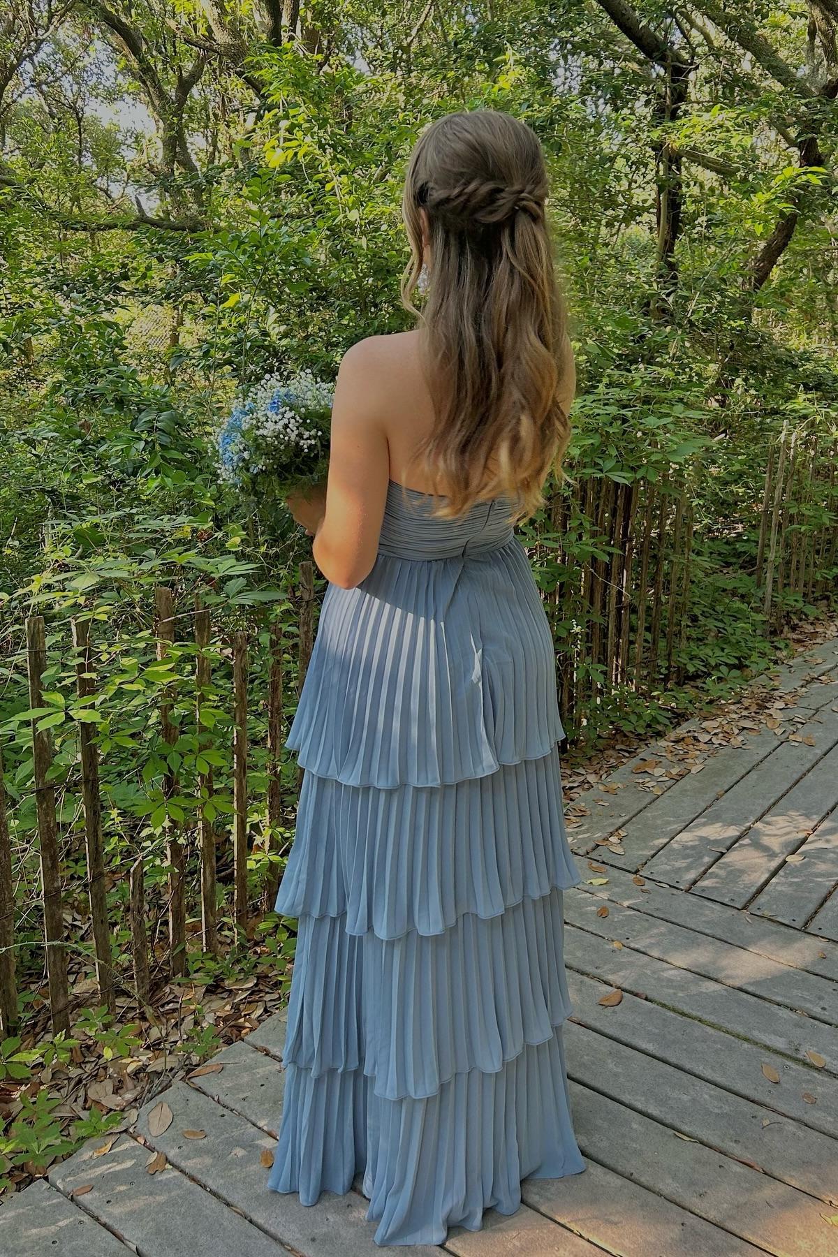 Weitese A-line Strapless Pink Chiffon Pleated Tiered Maxi Dress Floor Length Prom Dress Prom Dresses Stores