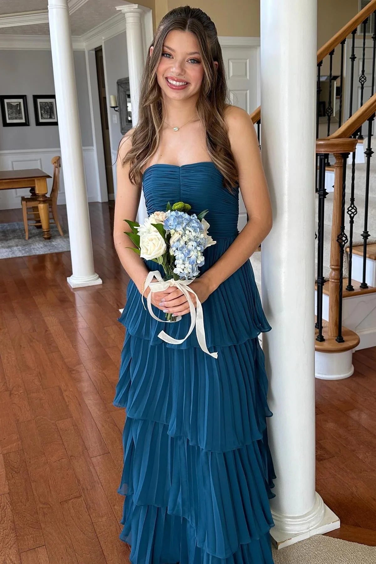 Weitese A-line Strapless Pink Chiffon Pleated Tiered Maxi Dress Floor Length Prom Dress Prom Dresses Stores